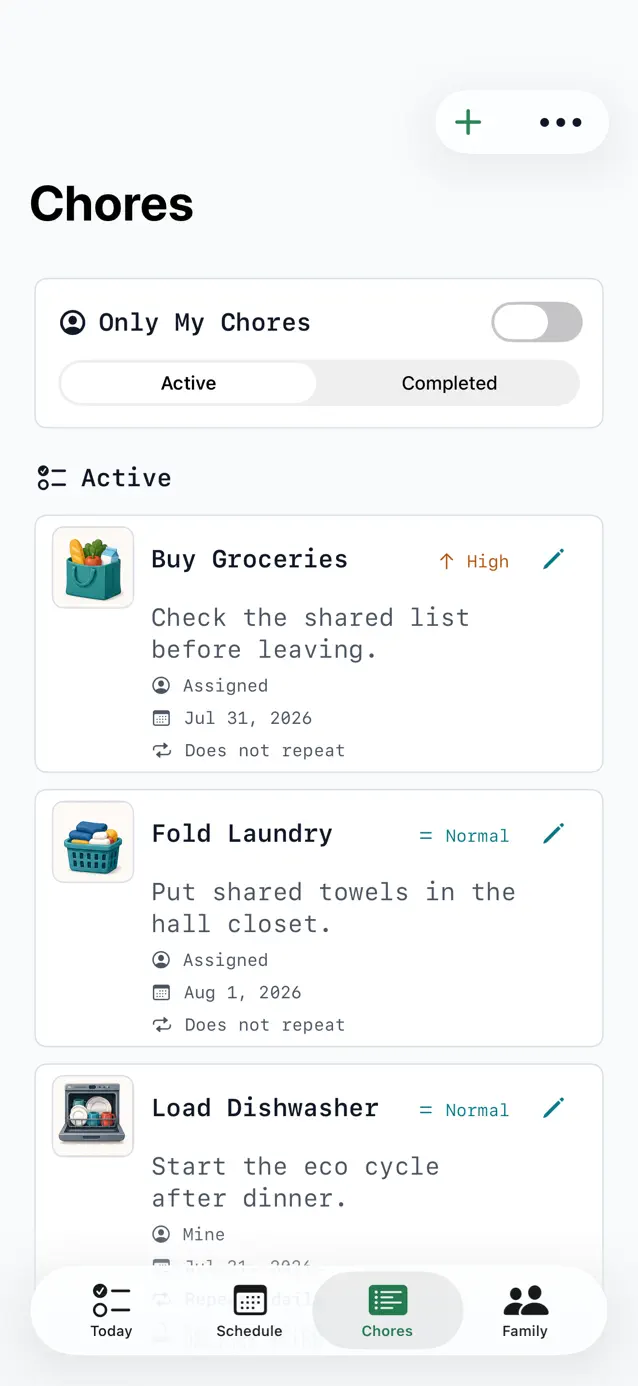 Chores list showing assignments, priorities, and due dates