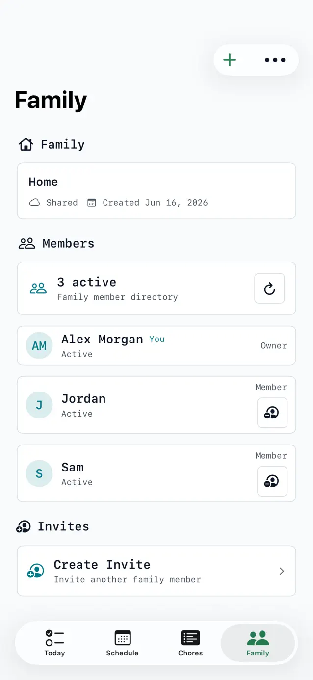 Chores Family view with active family members and invitations