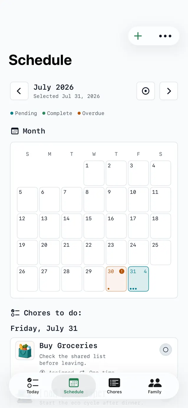 Chores Schedule view with a monthly household calendar